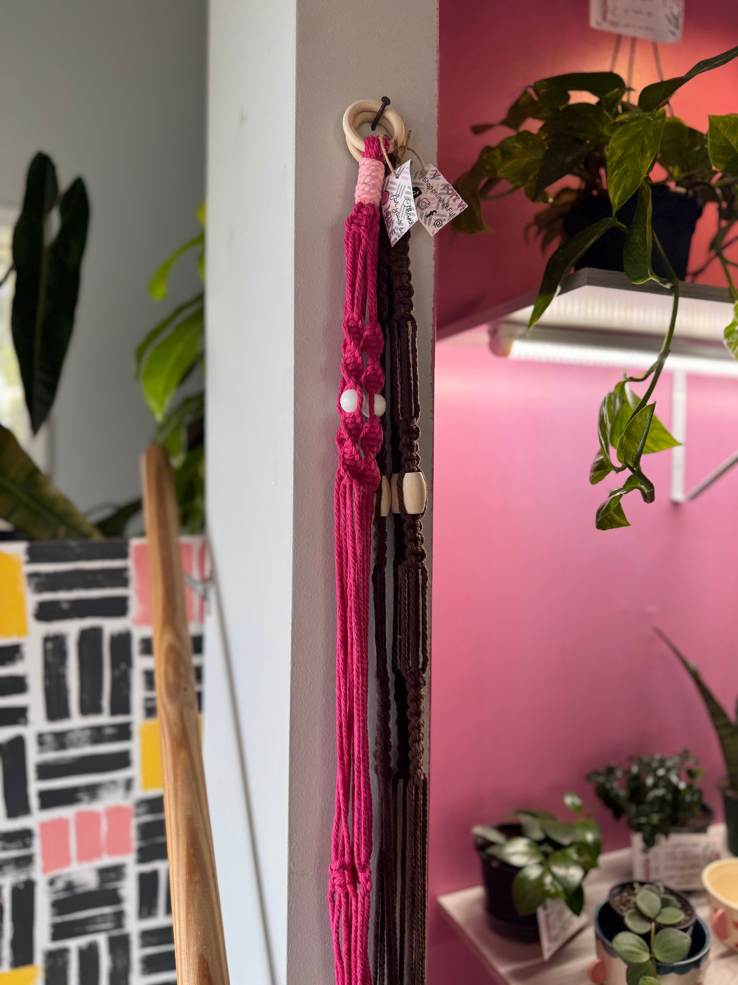 Macrame Hanger w/ Painted Handle and Beads