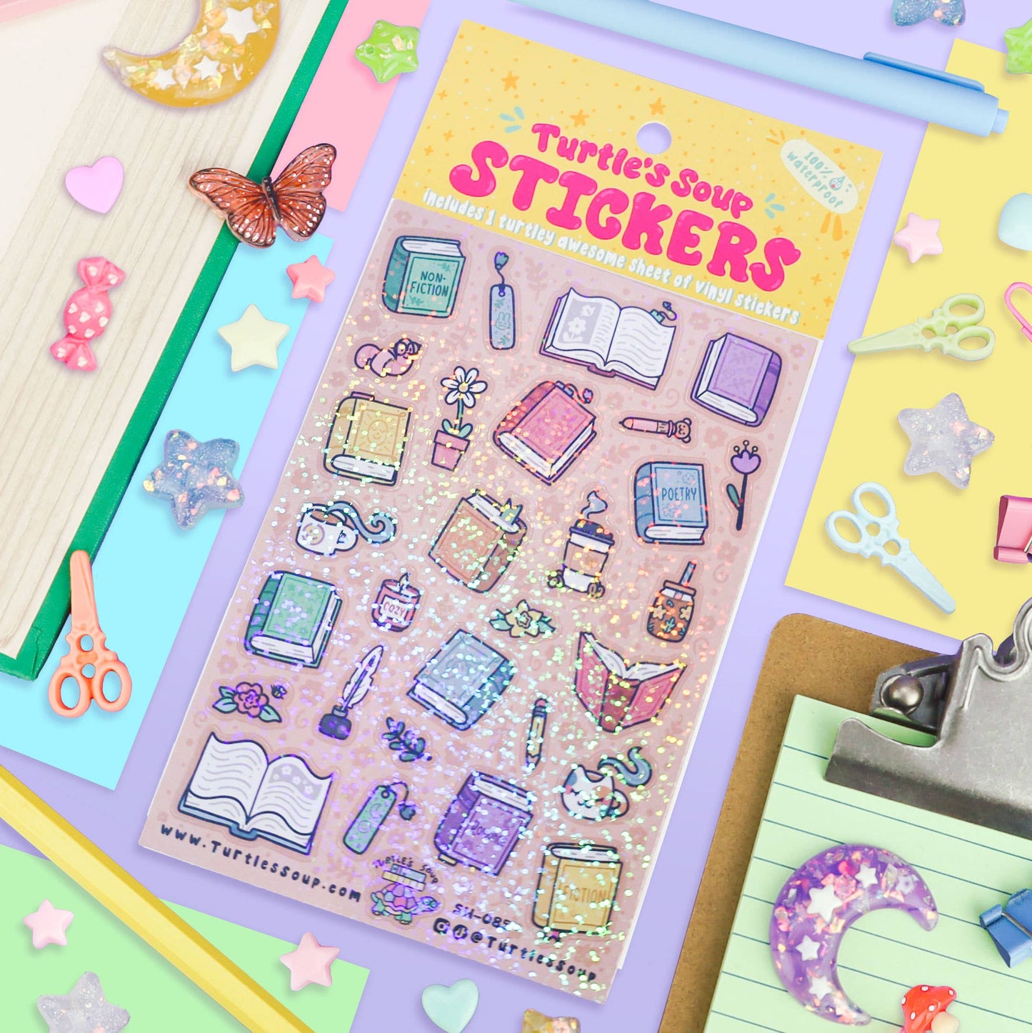 Books and Things Bookish Reader Cute Glitter Sticker Sheet