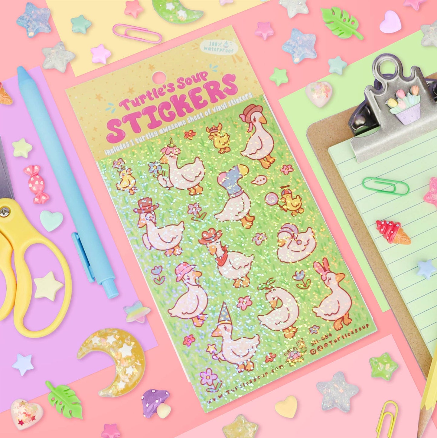 Ducks with Hats Floral Spring Animals Glitter Sticker Sheet