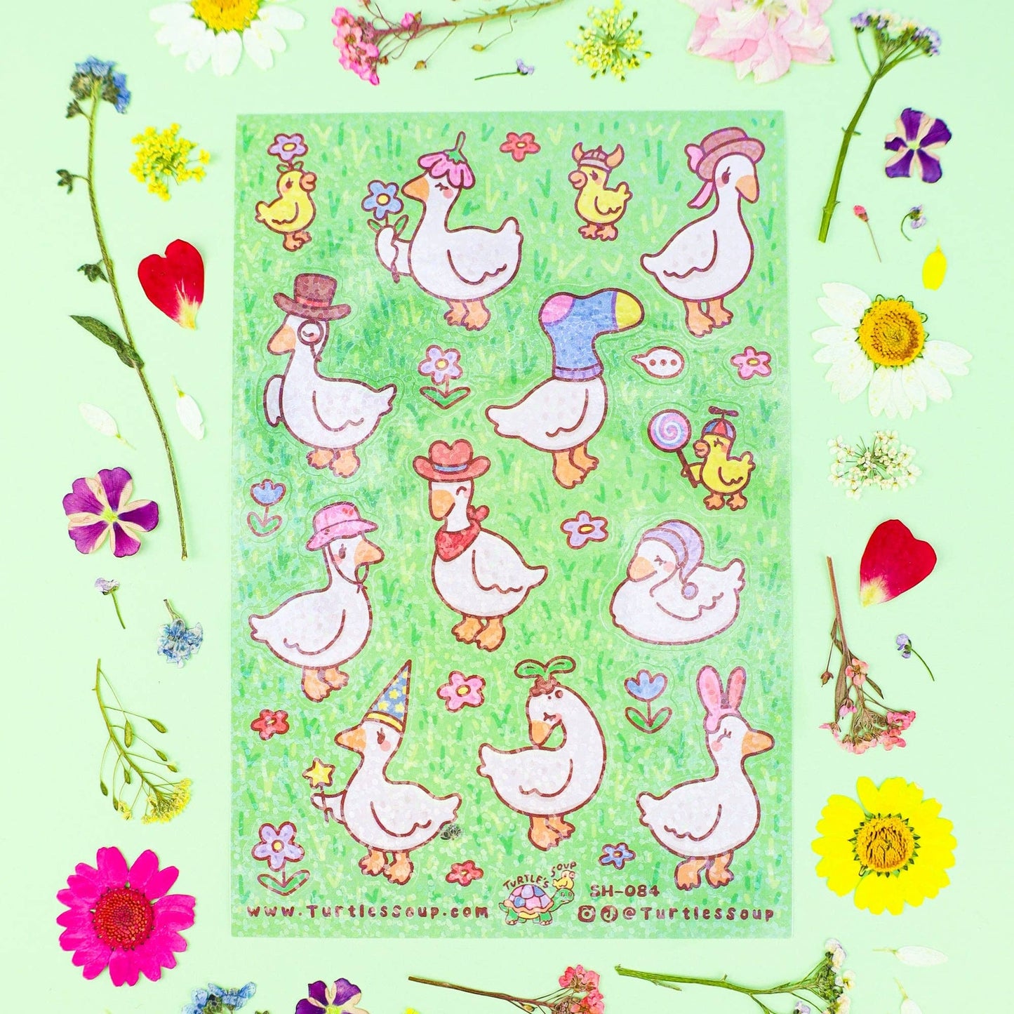 Ducks with Hats Floral Spring Animals Glitter Sticker Sheet