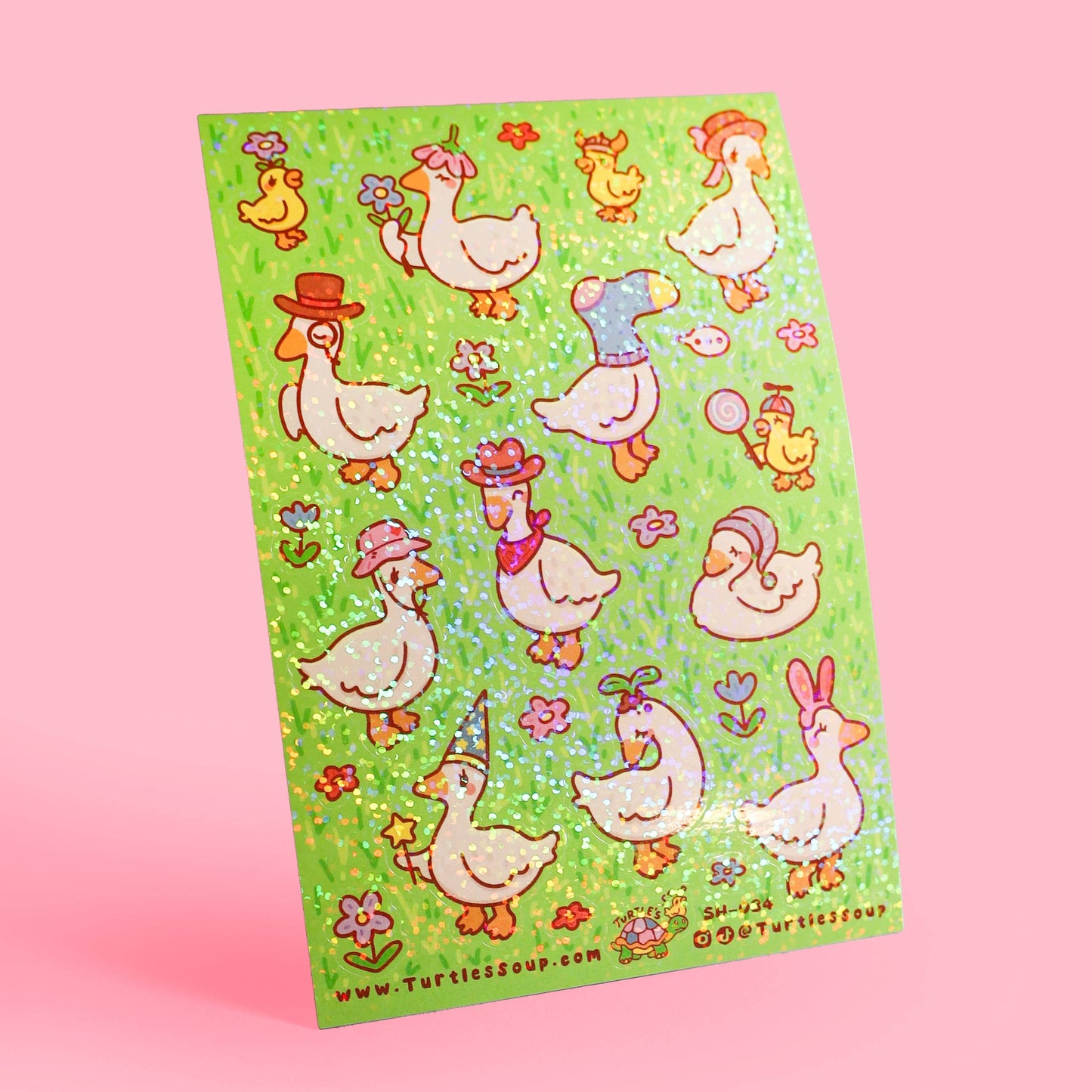 Ducks with Hats Floral Spring Animals Glitter Sticker Sheet