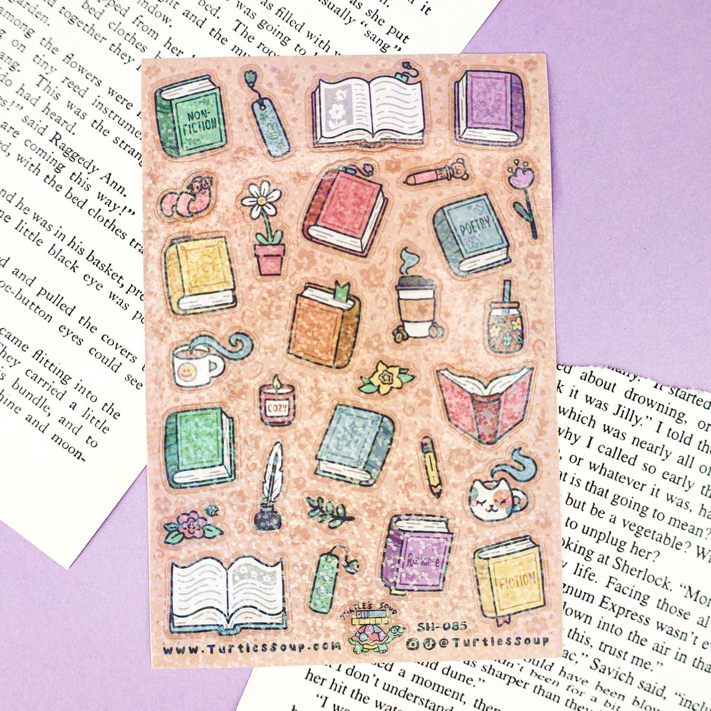 Books and Things Bookish Reader Cute Glitter Sticker Sheet