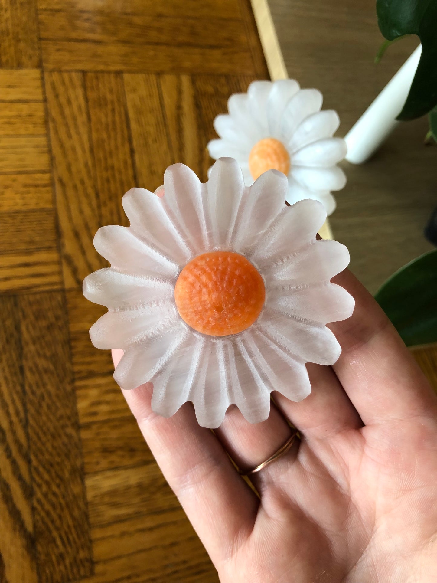 Selenite daisies with stand