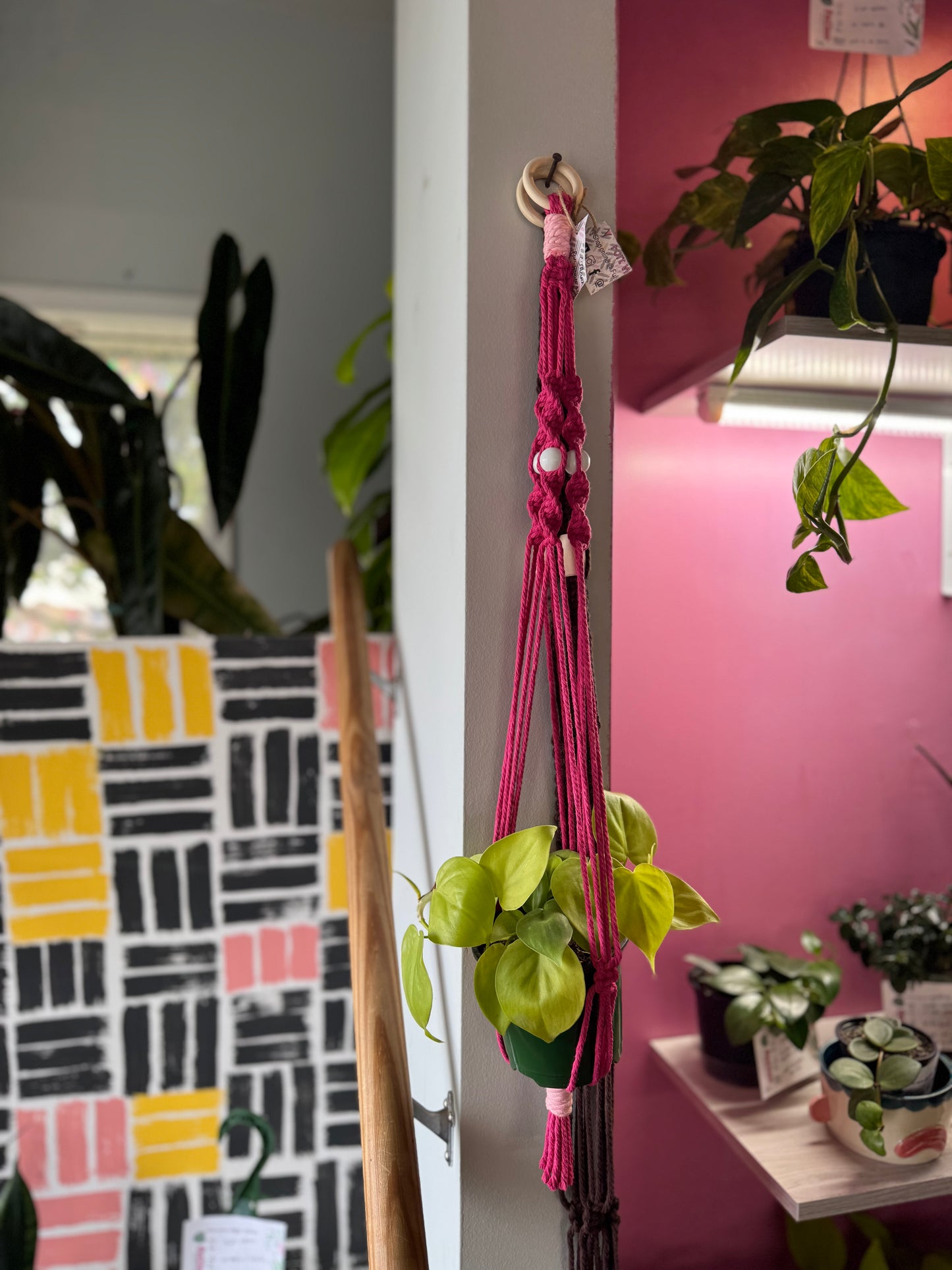Macrame Hanger w/ Painted Handle and Beads