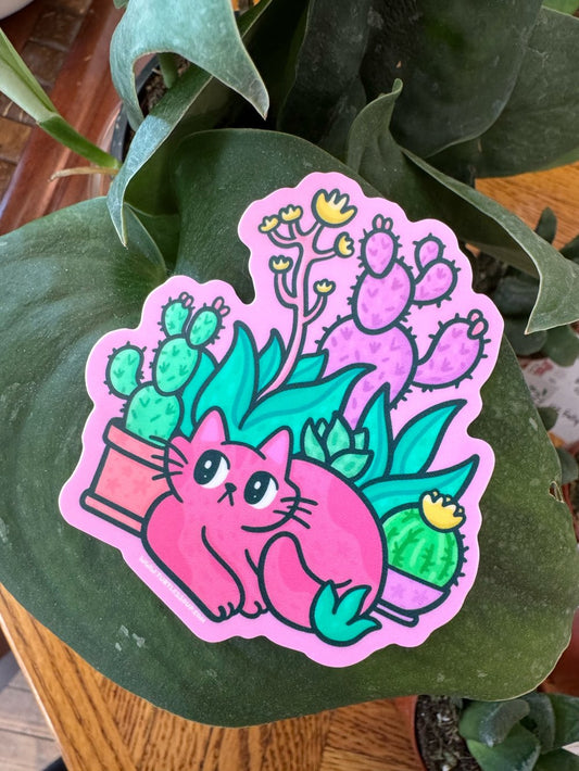Cat with Cacti Sticker