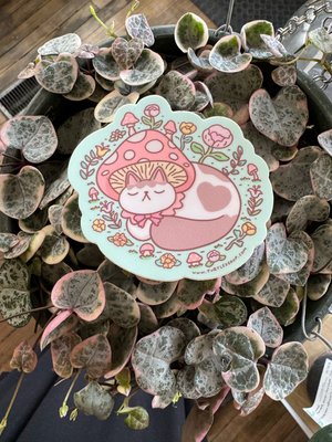 Cottagecore cat with mushroom hat sticker