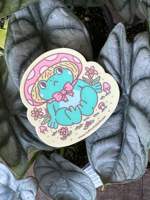 Cottagecore frog with mushroom hat sticker